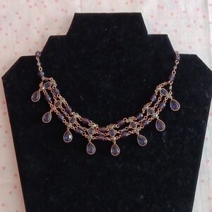 Gold Tone Purple and Blue Faceted Glass Beaded Collar Necklace
